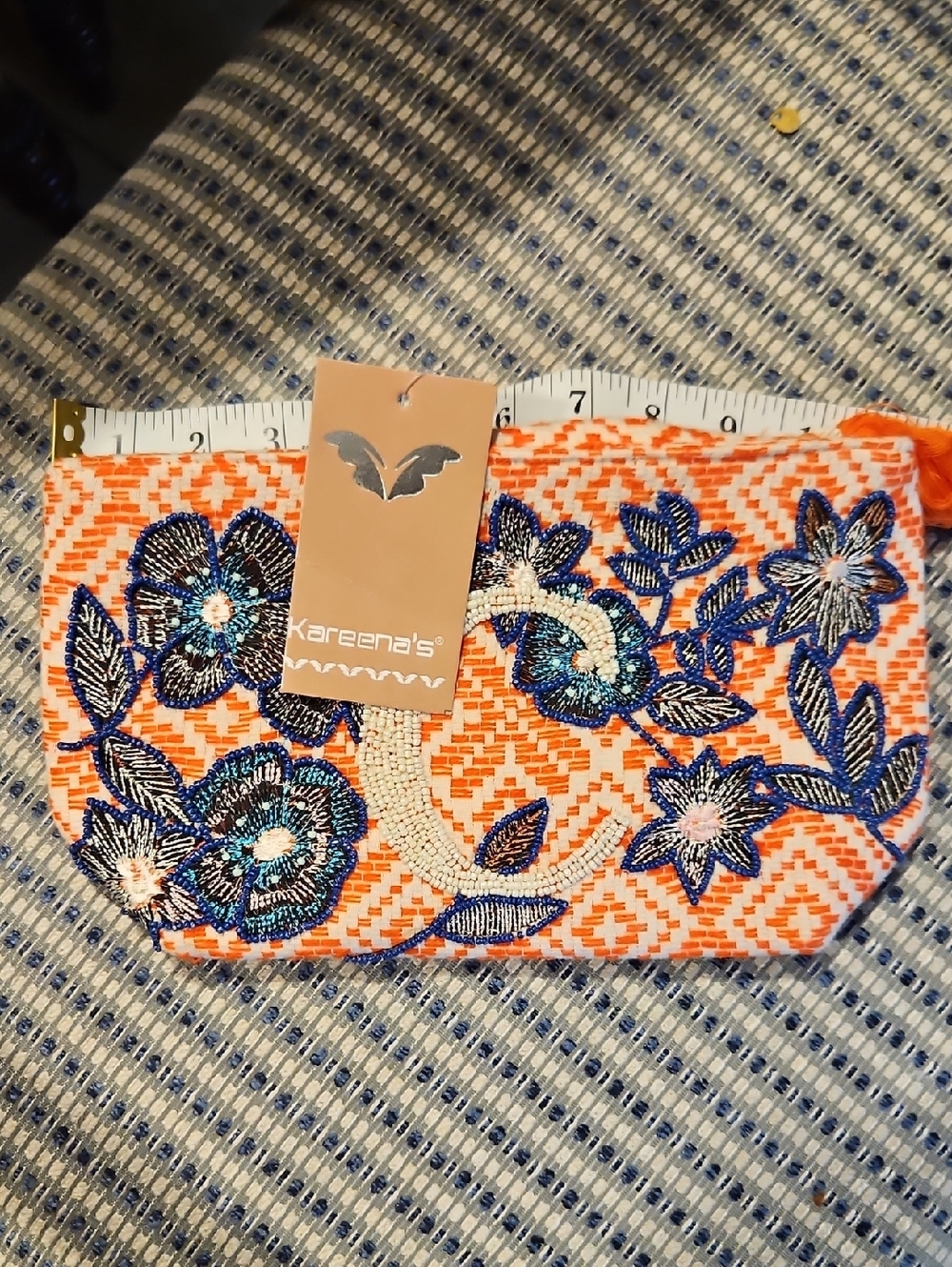 Orange Embroidered Floral Wristlet